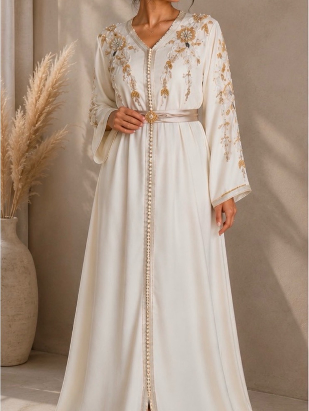 Style Ivory & Gold Embroidered Moroccan Kaftan Dress w/ Belt - Large